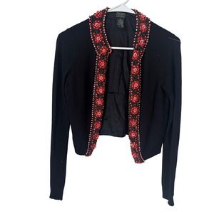 Lucky Brand Beaded Bolero Cardigan Black Red Wool Cashmere Angora XS Shrug